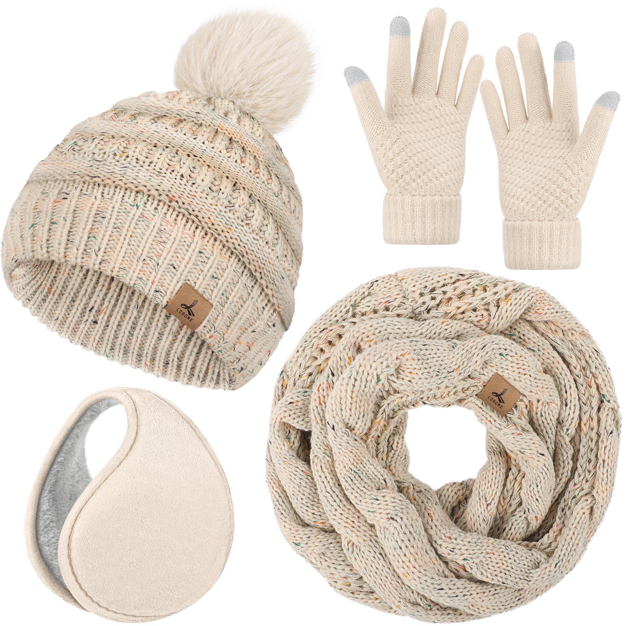Winter Hat Scarf Gloves and Ear Warmer, Warm Knit Beanie Hat Touch Screen Gloves Set Winter Gifts Neck Scarves for Women